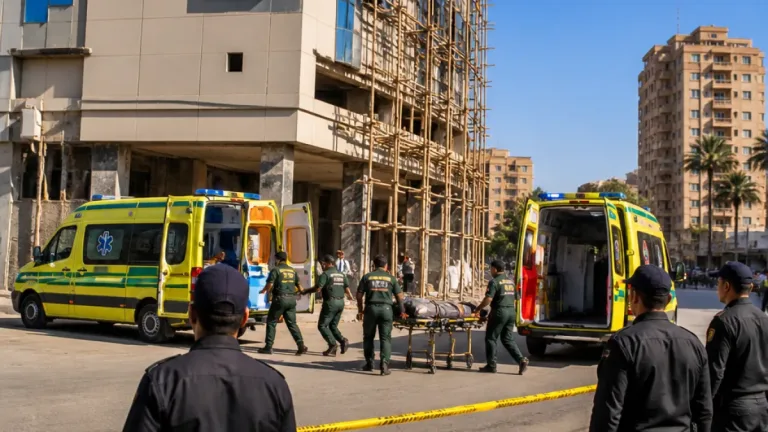إصابة عاملين إثر سقوط سقالة في وسط دمنهور ومباشرة النيابة والمحافظة على موقع الحادث