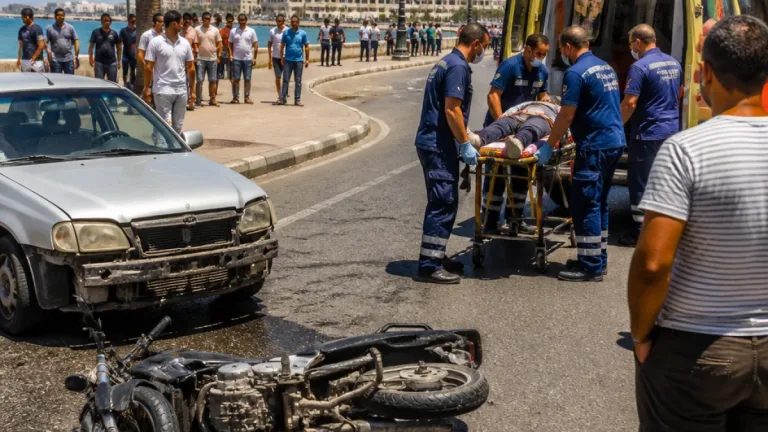 إصابة أربعة شبان فى تصادم سيارة بموتوسيكل على كورنيش العوام بمرسى مطروح