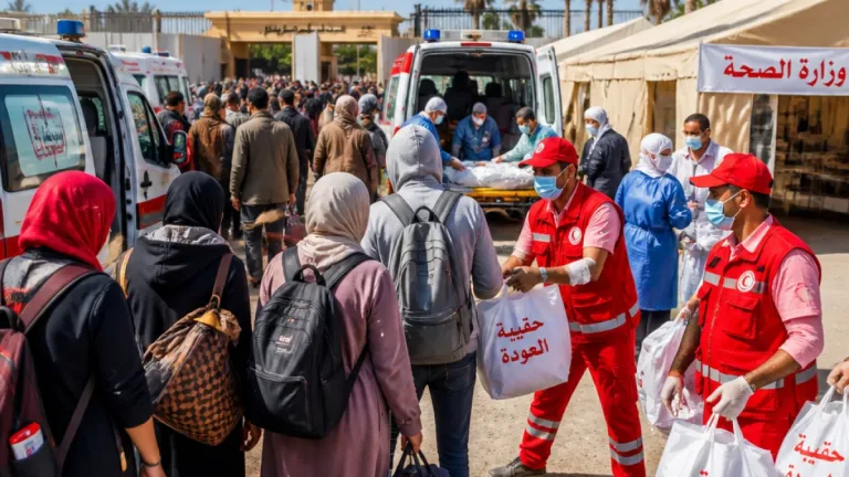 ميناء رفح البري يستقبل الدفعة الـ77 من العائدين الفلسطينيين وسط جهود إغاثية وطبية مصرية