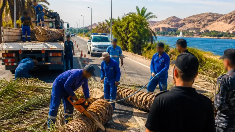سقوط نخلة يمنع حركة المرور على الطريق الزراعي أمام أبو الريش ويستدعي تدخل الوحدة المحلية