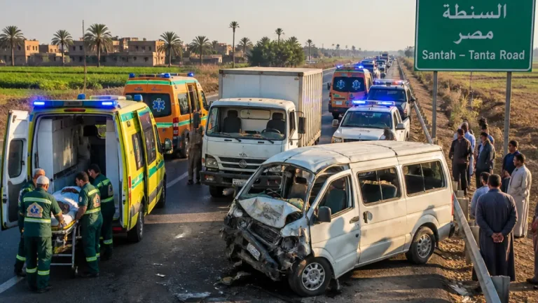 اصابة 8 مواطنين إثر تصادم ميكروباص ونصف نقل على طريق السنطة–طنطا بالغربية