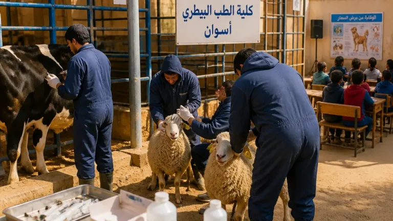 مديرية الطب البيطرى بأسوان تنفذ حملات تحصين وترقيم ومبادرات توعية فى مزرعة الكلية والمنطقة الريفية