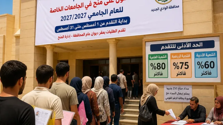 الوادى الجديد تفتح باب التقديم لمنح جامعات خاصة للعام الدراسي 2026/2027 والشروط المنشورة