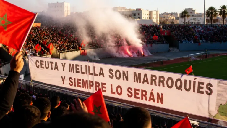Aficionados del MAS Fez exhiben una pancarta que reivindica Ceuta y Melilla como marroquíes