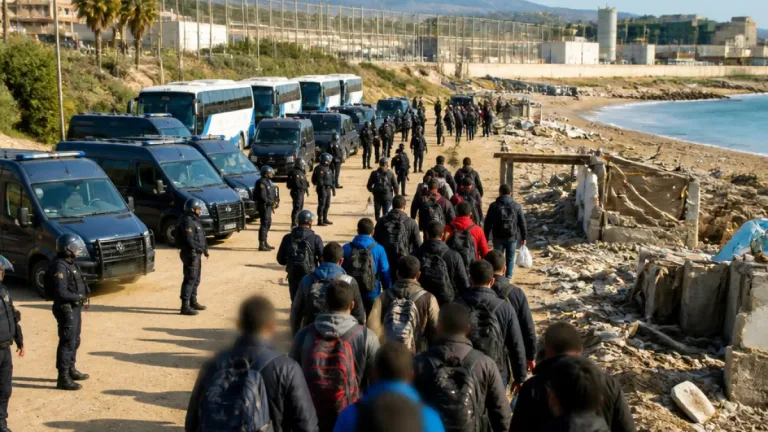 La Policía inicia el traslado de centenares de migrantes desde la playa de Benítez al CATE