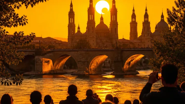 Zaragoza presencia el eclipse total entre las torres del Pilar desde el Puente de Piedra