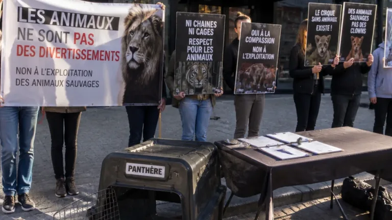 À Metz, l’association PAZ manifeste contre l’usage d’une panthère dans le film « Le Triangle d’or »