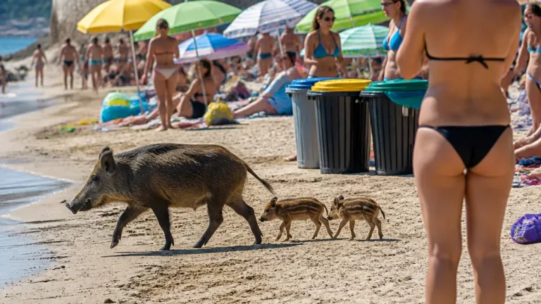 À Sainte‑Maxime, une laie et ses deux marcassins traversent une plage en plein jour