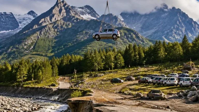 Aux Écrins, une Clio héliportée après les crues : symbolique d’un été bouleversé