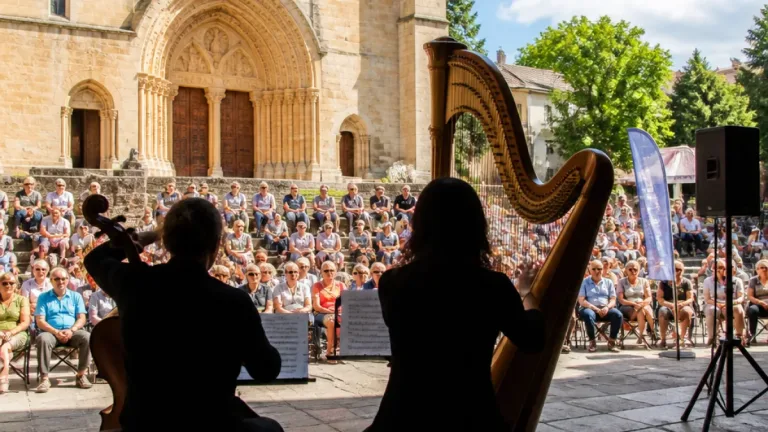 Digne-les-Bains : un duo harpe-violoncelle enchante le parvis de Notre‑Dame du Bourg