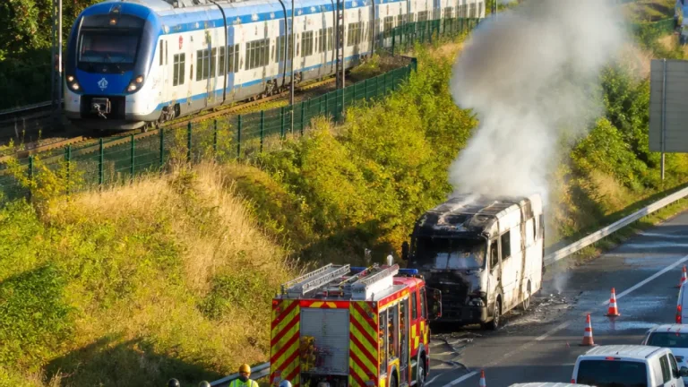 Incendie d’un camping‑car à Cailloux‑sur‑Fontaines : l’A46 et l’A432 coupées, trafic ferroviaire perturbé