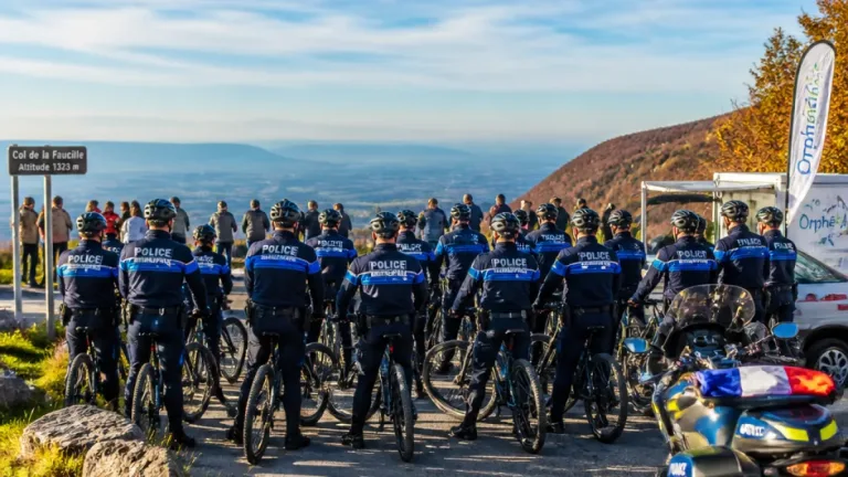 La police de l’Ain enfourche son vélo pour soutenir Orphéopolis et grimper la Faucille