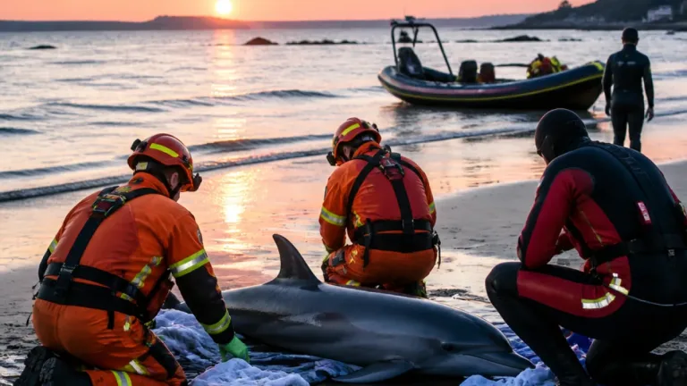 Plestin‑les‑Grèves : un dauphin échoué regagné le large après l’intervention des pompiers