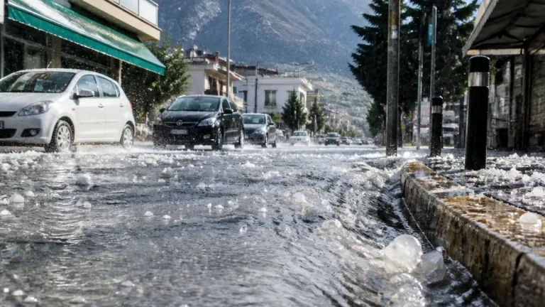 Ιωάννινα: Ισχυρή βροχή και χαλάζι με «ποτάμια» στους δρόμους γύρω από Βογιάννου–Γεννηματά