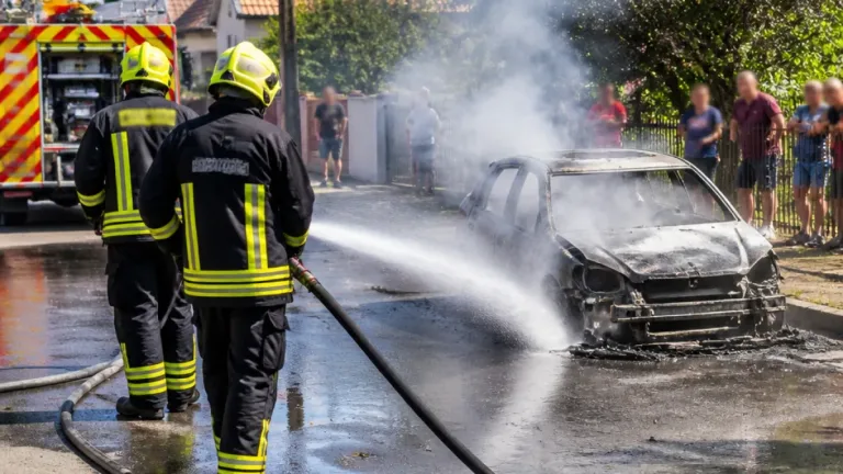 Teljesen kiégett egy személyautó Tiszacsermely Kossuth utcájában, a tűzoltók eloltották a lángokat