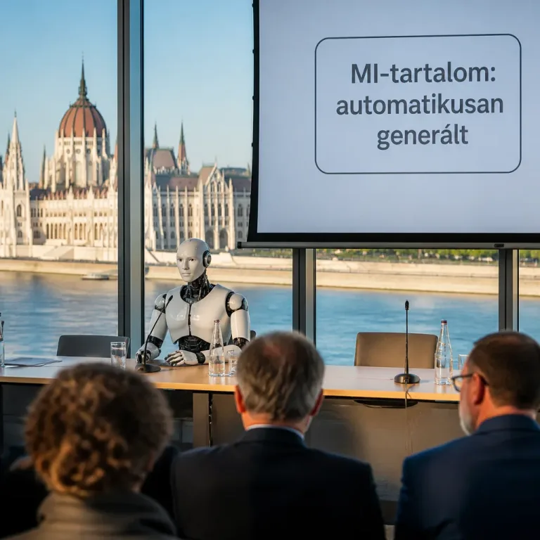Humanoid robot a szakértői pulpituson — miért fontos az AI‑tartalmak kötelező jelölése?