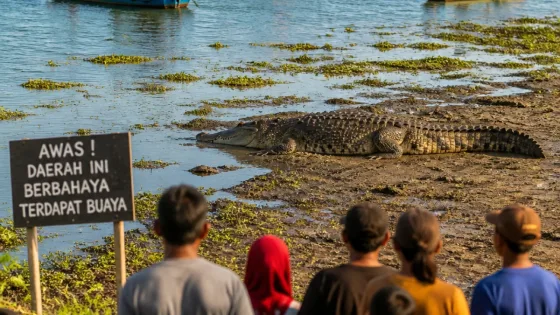 Warga Sidoarjo Terkejut, Buaya Muara 4–4,5 Meter Muncul di Tepian Sungai Monodon