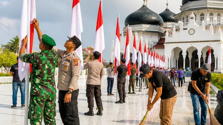 Banda Aceh: TNI dan Pemkot Pasang Kembali Bendera di Masjid Raya Usai Kericuhan