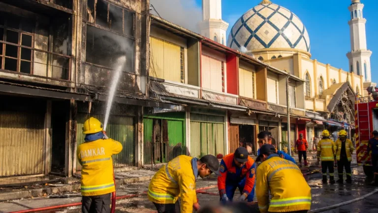 Kebakaran Ruko Depan Masjid Agung Sungailiat, Pemilik Terluka dan Tim Damkar Lakukan Pendinginan