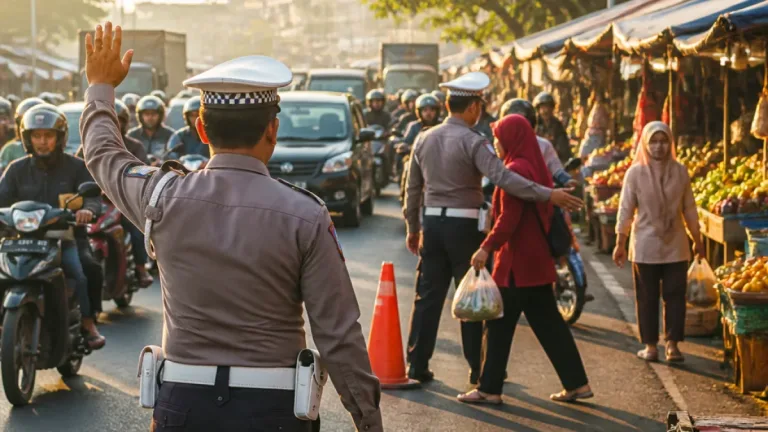 Personel Polsek Gebang Bantu Penyeberangan di Pasar Gebang, Jaga Kelancaran Pantura Cirebon