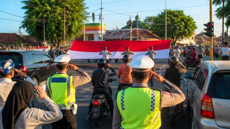 Probolinggo: Polisi Ajak Pengendara Hentikan Lalu Lintas Saat Detik-detik Proklamasi di Traffic Light Brak