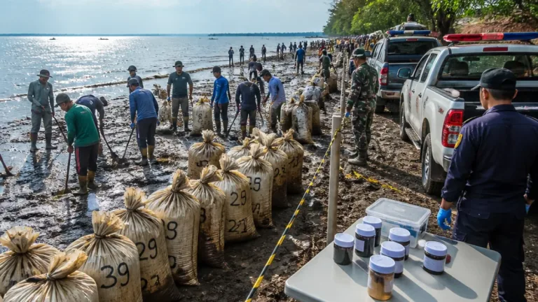 Warga dan Aparat Bersihkan 2,49 Ton Ceceran Minyak di Pesisir Karawang