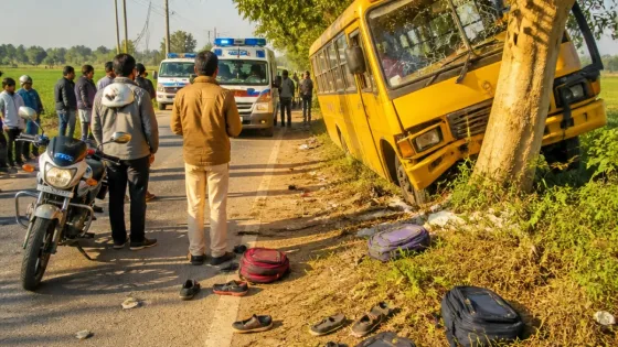 13 Students Injured After School Bus Crashes Into Tree Near Bareilly's Bhojipura