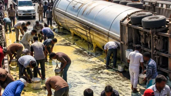Moradabad: Tanker Carrying Vanaspati Overturns on Delhi‑Lucknow Highway, Locals Rush to Collect Ghee