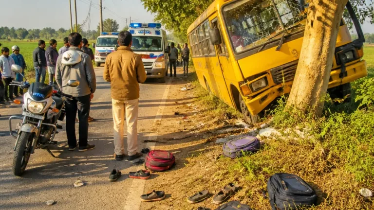 13 Students Injured After School Bus Crashes Into Tree Near Bareilly's Bhojipura