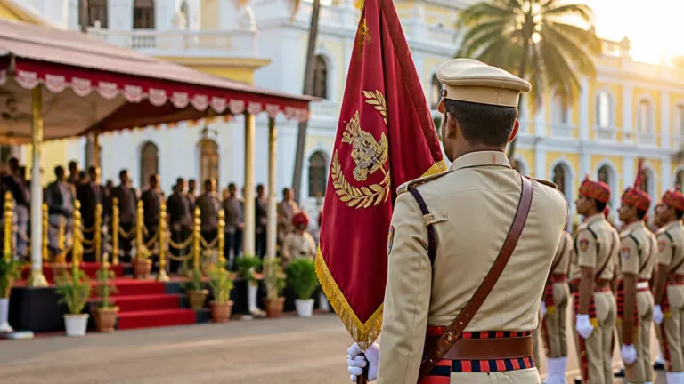 Amit Shah presents President’s Colours to Puducherry Police in Puducherry on August 9