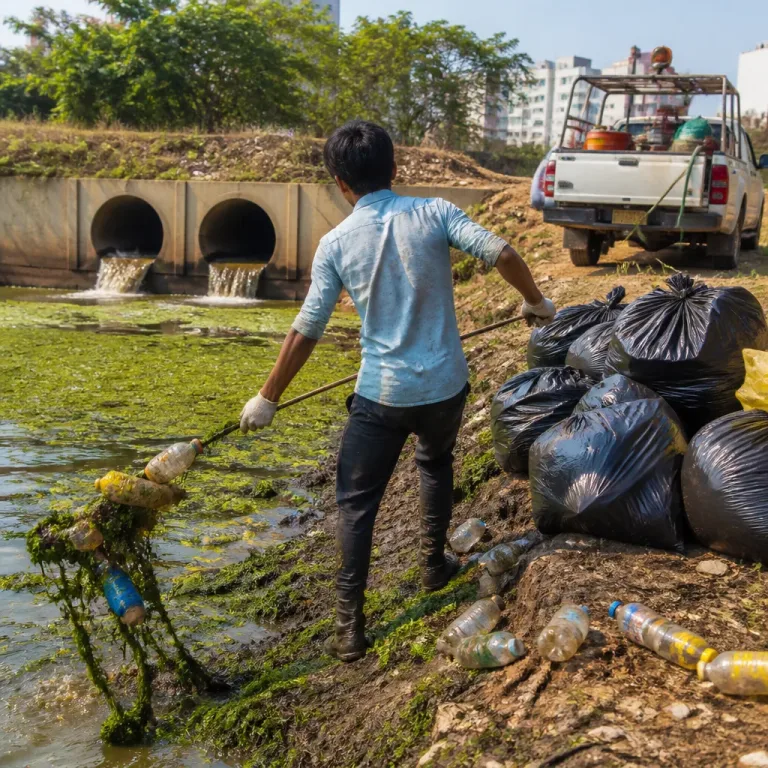 Student-led clean-up of Ajnar River exposes gaps in municipal sewage and waste management
