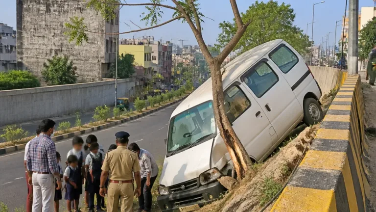 Ghaziabad school van crashes into tree, falls onto service road; four students escape unhurt