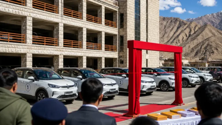 Leh gets first three-tier stacked parking; LG disburses EV subsidies, flags off rally