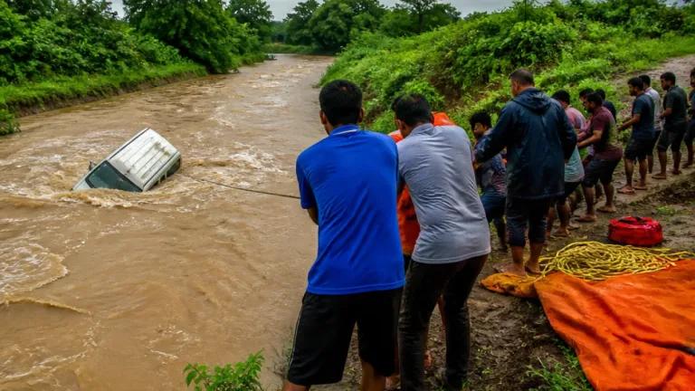 Nine dead as van swept into swollen drain near Sarangpur in Rajgarh amid heavy rains