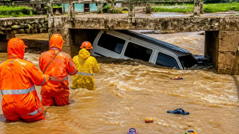 Nine members of family drown as van swept off bridge during flash flooding in Rajgarh