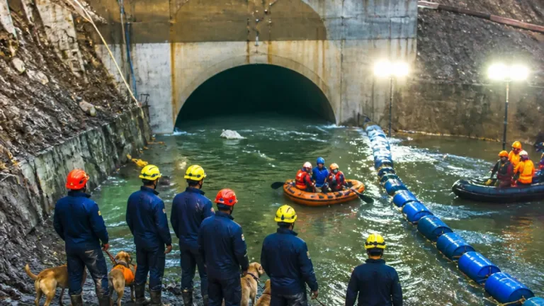 Rescue teams use blue drums as search continues after tunnel deluge at Chamoli hydropower site