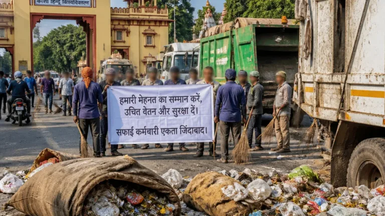 Sanitation workers dump garbage in Varanasi to protest pay, benefits and attendance system