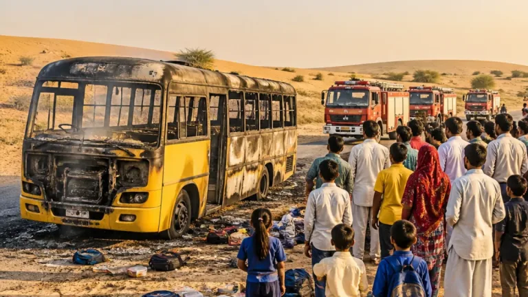 Seventeen schoolchildren escape as private school bus is gutted by fire near Jaisalmer