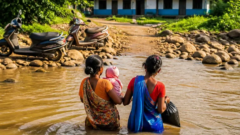 Teachers wade waist‑deep through swollen river with infant to reach remote Dhaurpur school