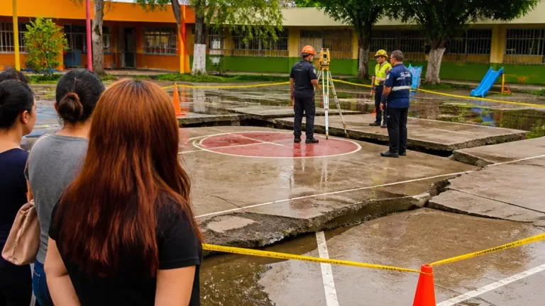 Autoridades de Los Mochis atienden hundimiento en cancha de kínder por riesgo de socavón