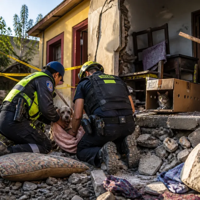 Policía de Valle rescata a perrita y a un gato tras el sismo de 7.4; animales devuelven esperanza