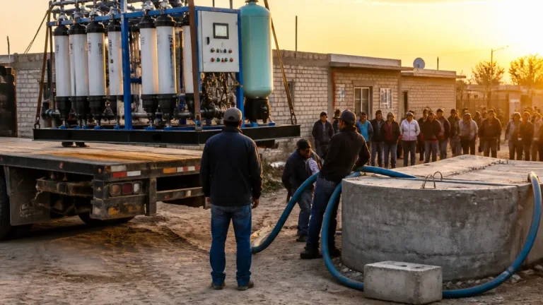 Empresarios llevan planta potabilizadora móvil a Ejido Las Palomas tras cinco años sin solución