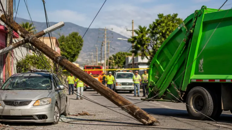 Monterrey: camión recolector derriba poste telefónico y daña un auto en colonia Hidalgo
