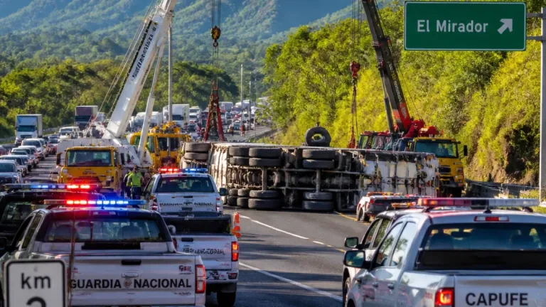 Orizaba: volcadura de camión cierra la Autopista 150D en el kilómetro 227