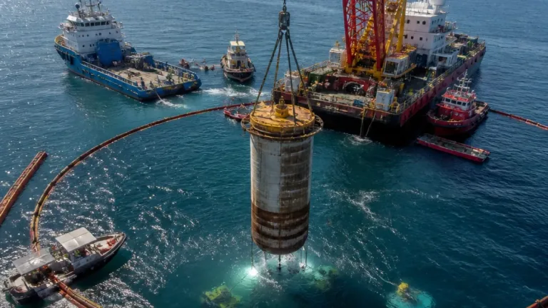 Pemex inicia reparación en Sonda de Campeche; instalan envolvente metálica a 50 m de profundidad