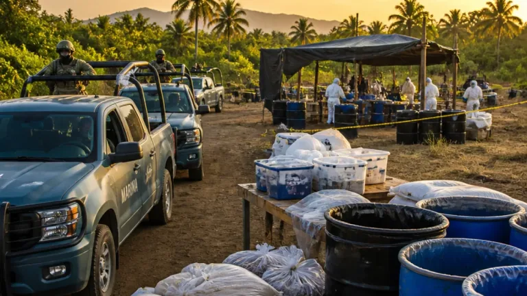 Semar desmantela laboratorio clandestino de presunta fabricación de drogas en Lázaro Cárdenas