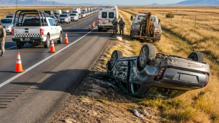 Volcadura en la carretera a Delicias deja a una persona grave y causa fuerte congestionamiento