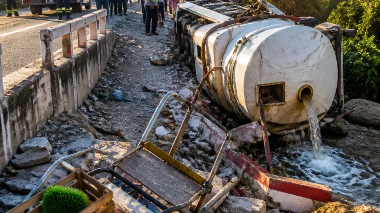 Vuelca pipa de agua en puente de Donají; conductor es rescatado tras derribar muro y chocar un triciclo