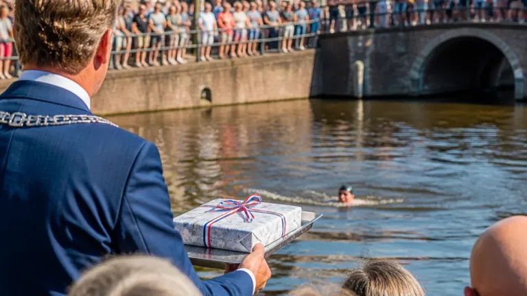 Maarten van der Weijden zwemt door Gouda en zet tocht richting Oudewater voort