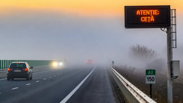Ceaţă densă pe A2 şi în judeţele sud-estice: vizibilitate redusă, atenţionări nowcasting în vigoare